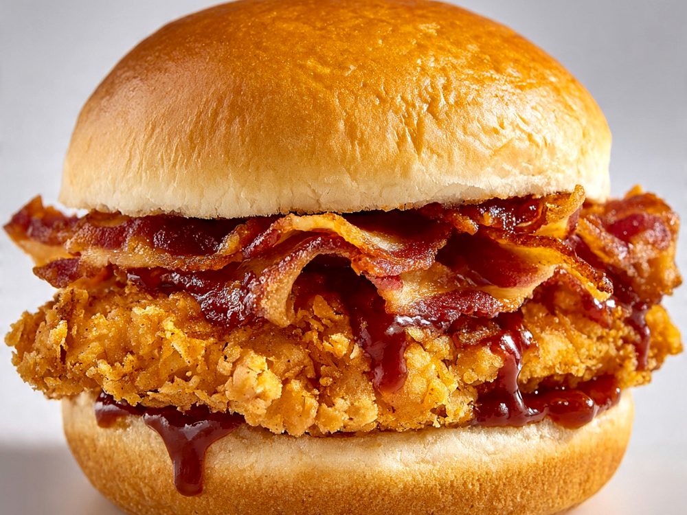 Sanduíche de frango frito com bacon crocante e molho barbecue