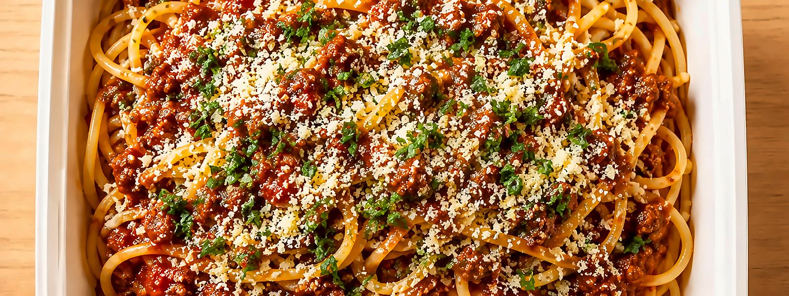 Espaguete à bolonhesa com parmesão e salsinha, na embalagem de entrega