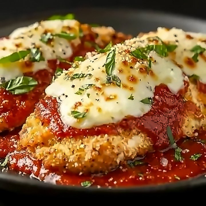 Dois filés à parmegiana com molho de tomate, mussarela e manjericão, em prato preto