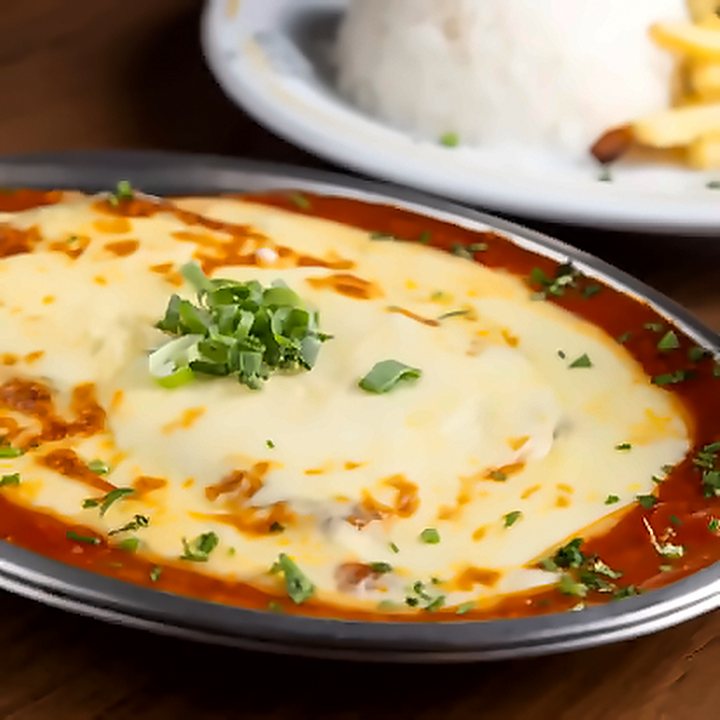 Parmegiana em travessa oval, com arroz e batata frita ao fundo