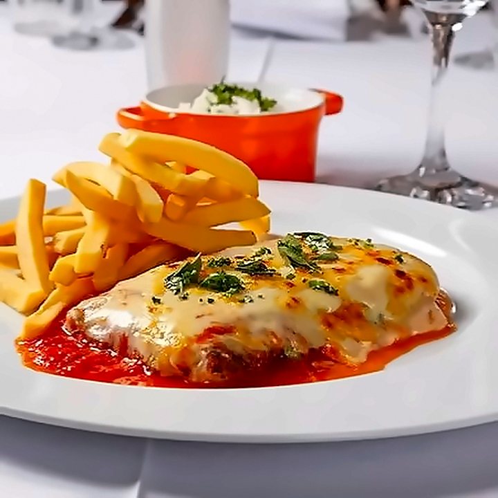 Parmegiana com batata frita no prato branco