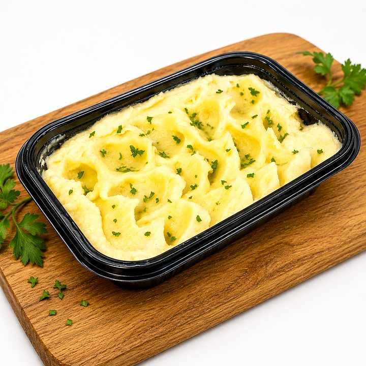 Purê de batata com salsinha na embalagem preta, sobre tábua de madeira