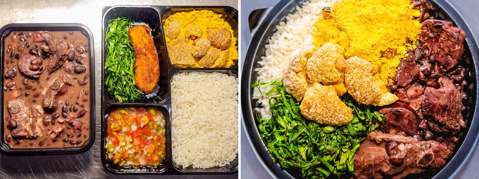 Feijoada Ludovico na marmita e na tigela, com couve, farofa, torresmo e arroz