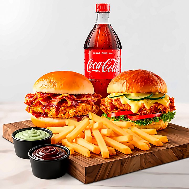 Combo com dois sanduíches de frango empanado, batata frita, garrafa de Coca-Cola e dois potes de molho, sobre tábua de madeira