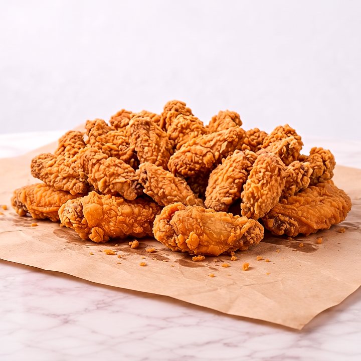 Wingettes de frango empanadas e crocantes, sobre papel pardo
