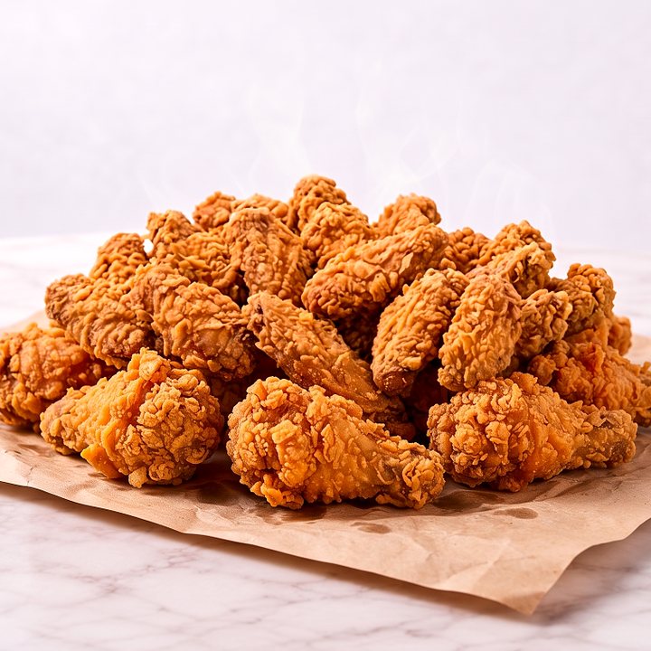 Mix de asinhas e coxinhas da asa de frango fritas e crocantes, sobre papel pardo
