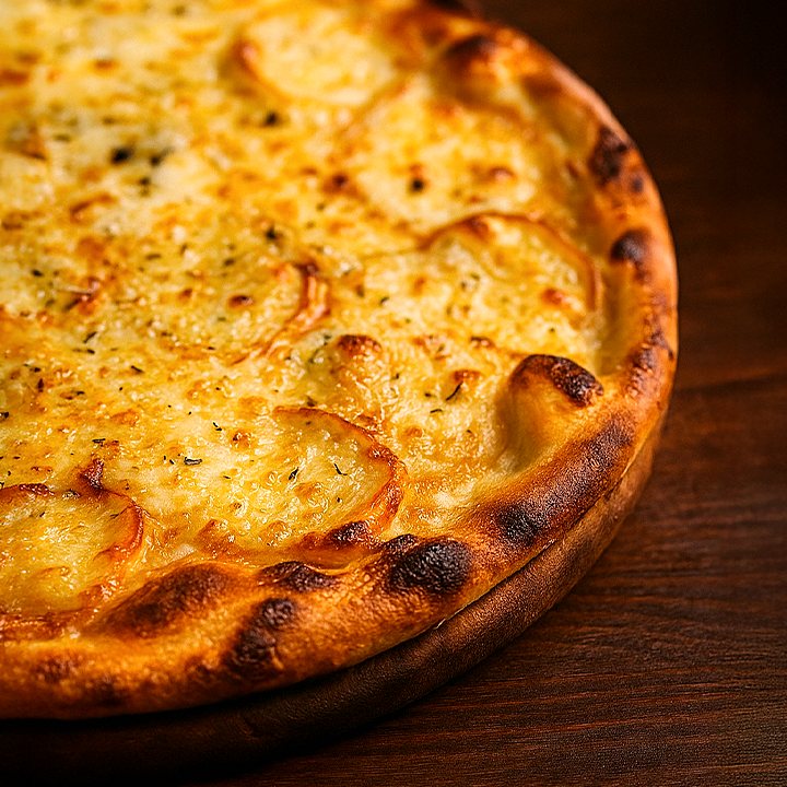 Pizza de quatro queijos com a borda dourada, sobre tábua de madeira