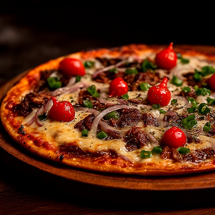 Pizza de costela desfiada com pimenta biquinho, cebola roxa e cebolinha