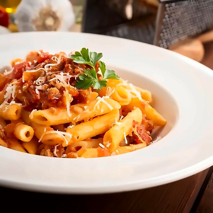 Penne ao molho de tomate com queijo ralado, no prato fundo