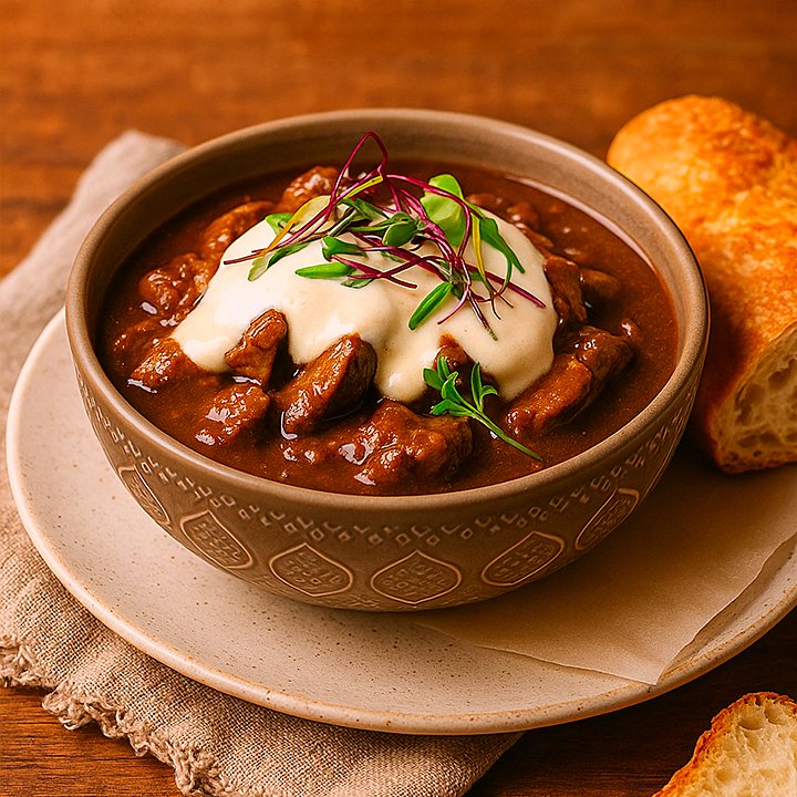 Íscas de filé ao molho escuro com creme e brotos, na tigela, com pão ao lado