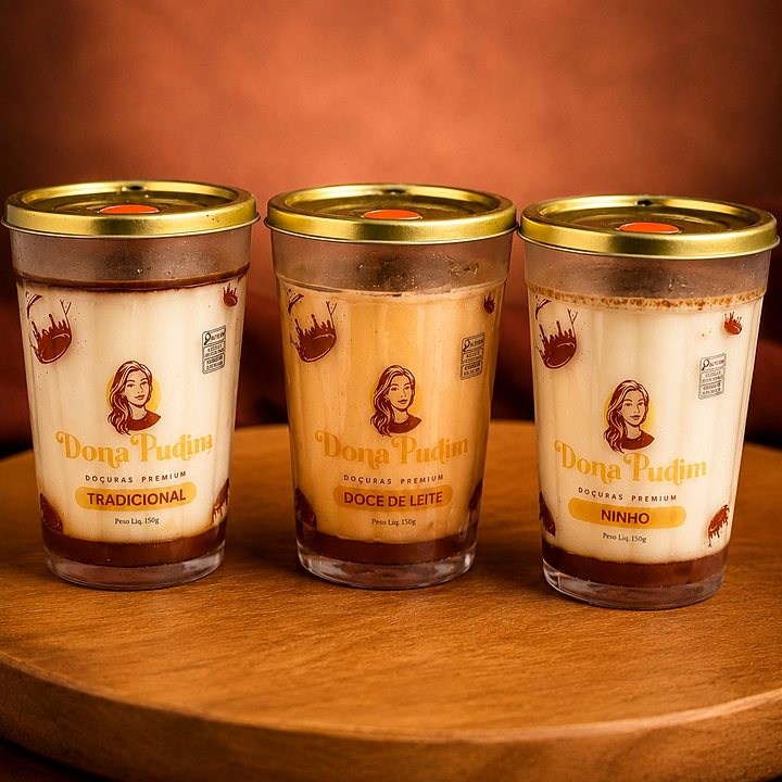 Três copos de pudim Dona Pudim, tradicional, doce de leite e ninho, lado a lado numa tábua redonda de madeira